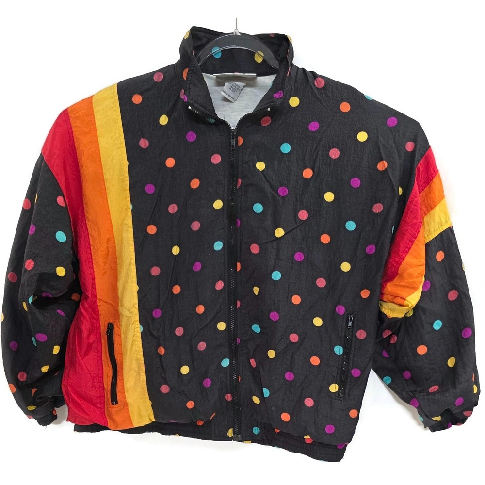 Vintage Aviat Sportif Jacket Womens‎ Medium Black Polka Dot Rainbow Windbreaker\